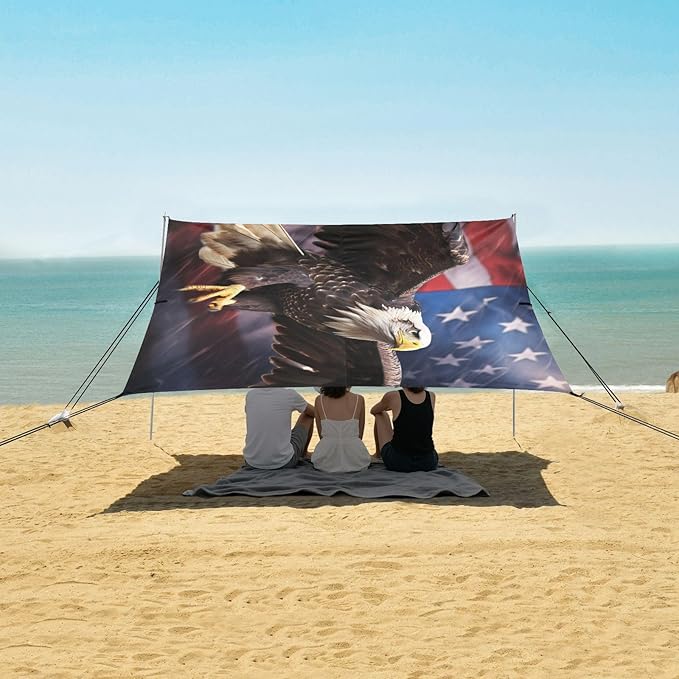 ALAZA Eagle USA American Flag Beach Tent Sun Shelter UPF50+ Protection Beach Shade Canopy w/ 4 Sandbags for Outdoor Camping Fishing Backyard Fun Picnic 10x9 ft
