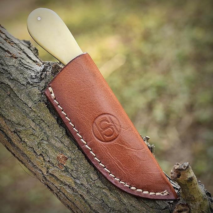 Damascus Steel Knife with Bone Handle Custom Handcrafted Hunting and Survival Knife Full Tang Blade with Leather Sheath - Outdoor Camping EDC and Bushcraft Tool