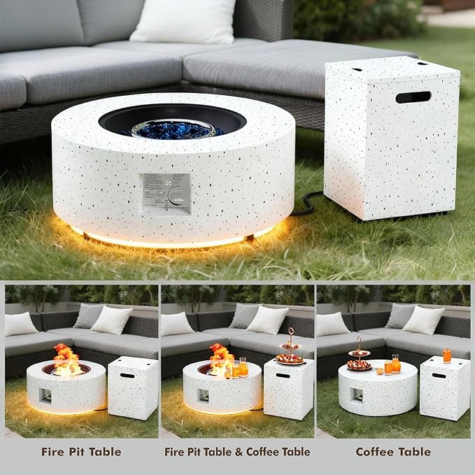 30 Round Propane Fire Pit Table - 50K BTU with Lid Rocks Tank Storage and Cover - Round Gas Fire Pits for Outside Patio - Outdoor Table with Firepit (White/Golden Light 30 Round)