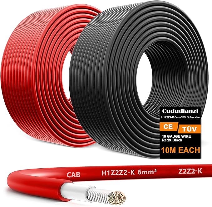 Oududianzi 2x32.8 Feet Solar Panel Cable 10AWG Solar Wire Tinned Copper 10 Gauge Solar Extension PV Wire for Outdoor Automotive RV Solar Panels Boat Marine (32.8FT Red + 32.8FT Black)