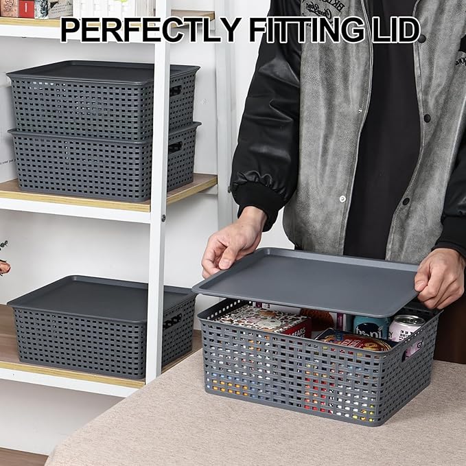 Gray Plastic Storage Basket Bins with Lid 6-Pack Stackable Baskets with Lid 14.05 x 11.65 x 5.31