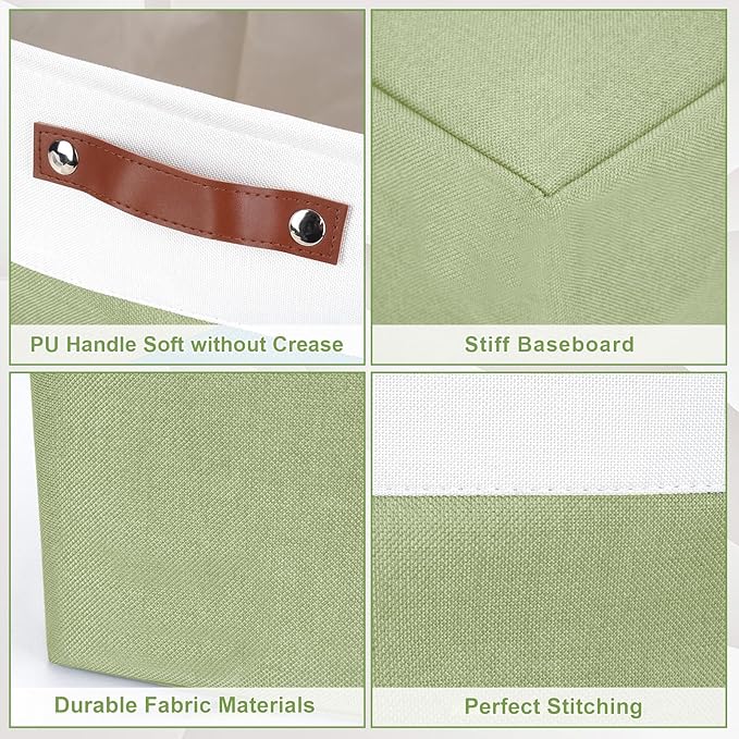 Collapsible Fabric Storage Cubes 11x11 Cube Storage Bins 4 Pack Closet Baskets Box with Handles for Organizing Shelf Toys Clothes Home Office Nursery (Green&ampWhite)