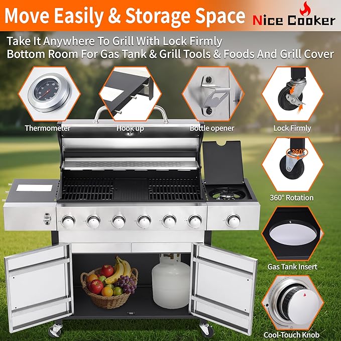 6-Burner Propane Gas BBQ Grill with Side Burner - 65850 BTU Total Output Stainless Steel Grills with Enameled Cast Iron Grill for Outdoor Backyard Barbecue 620 SQ. IN. Cooking Area