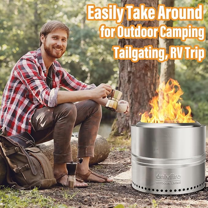 ONLYFIRE OUTDOOR LIVING Wood Burning Fire Pit with Carrying Bag 19.5” Detachable Portable Firepit for Camping Tailgating Patio Backyard Bonfire Smokeless Fireplace Stainless Steel FP036