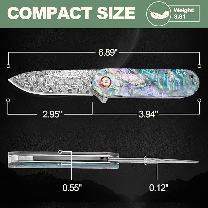Zingbee Damascus Pocket Knife with Sheath 2.95 Damascus Steel Blade Folding Knife with Abalone Shell Handle EDC Pocket Knives for Men Women Outdoor Indoor Camping