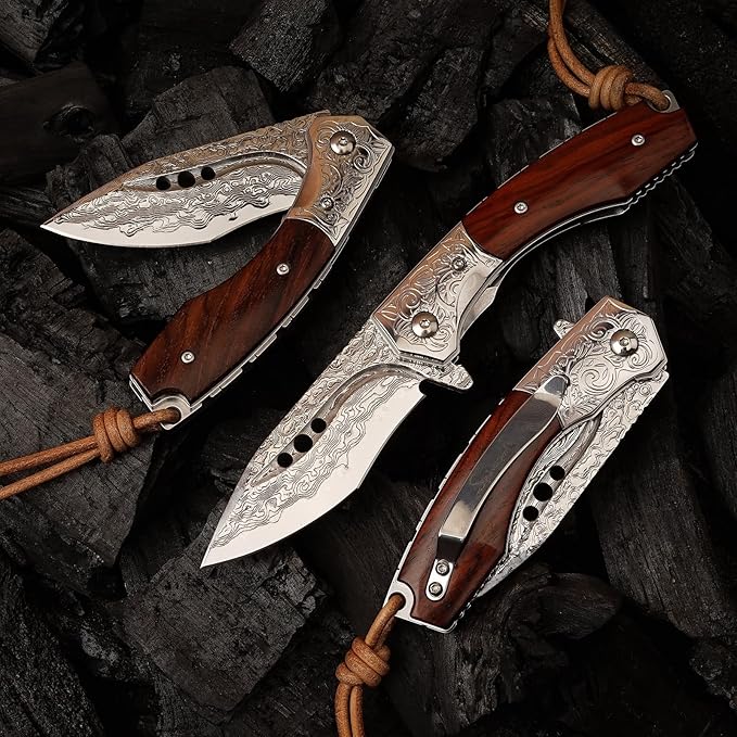 Handmade Japanese Damascus Steel Pocket Folding Knife with Leather Cover and Pocket Clip 2.87-inch Outdoor Camping Fishing Portable Pocket Knife