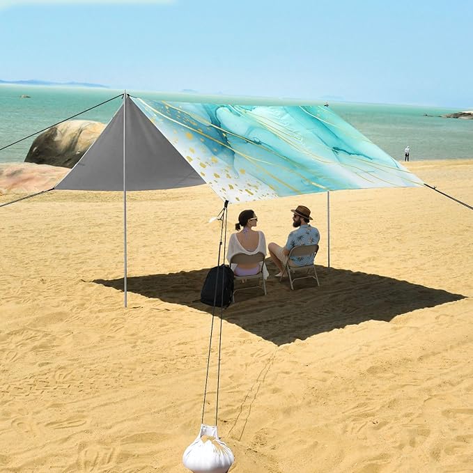 xigua Textures Beach Tent Sun Shelter with Carrying Bag - Silver Coated Oxford Fabric Beach Canopy for Beach Camping Fishing - Includes Windproof Ropes Sandbags &amp Stakes