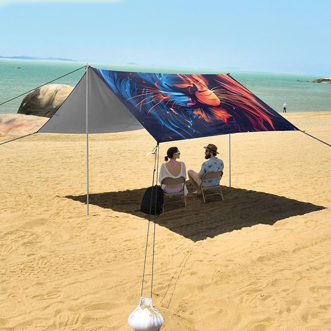 ALAZA Lion Portrait Flame &amp Ice Beach Tent Sun Shelter UPF50+ Protection Beach Shade Canopy w/ 4 Sandbags for Outdoor Camping Fishing Backyard Fun Picnic 10x9 ft