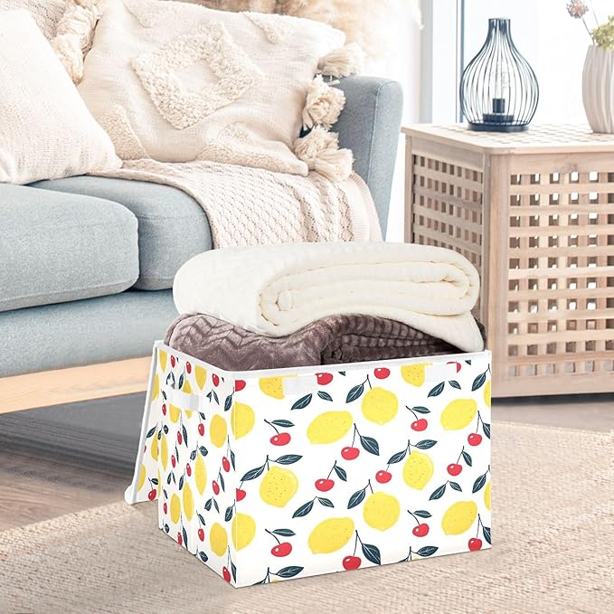 MNSRUU Containers Baskets with Lids Lemon Cherry Fabric Foldable Storage Bins Organizer with Lid Collapsible Storage Boxes for Home Bedroom Closet Office