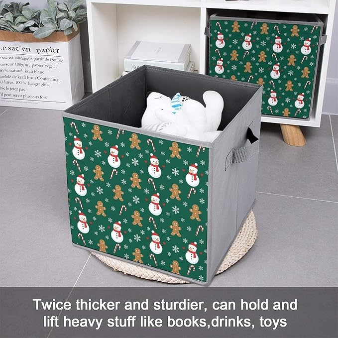 Collapsible Storage Bins with Handles Christmas Gingerbread Snowman Green Foldable Cube Organizer Box for Closet Shelf Toy Storage Space-Saving Home &amp Office Decor
