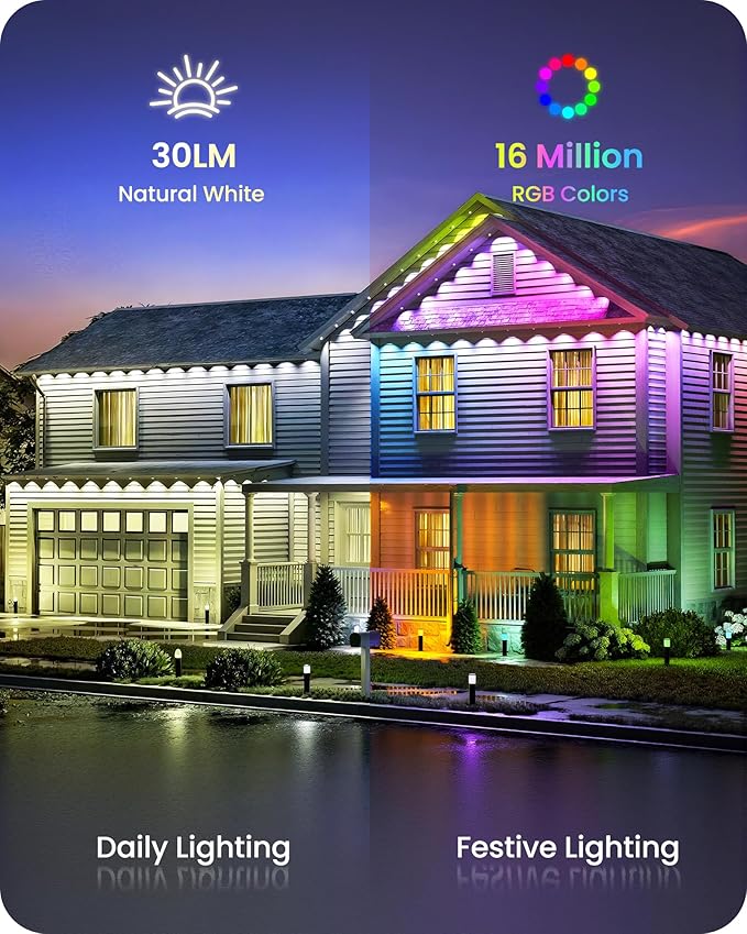 Permanent Outdoor Lights 150 FT RGB &amp White Outdoor Eaves Light with 72 LED Lights App/Remote Control IP65 Waterproof Christmas String Lights for Festival Party Holiday Decor W04EL05