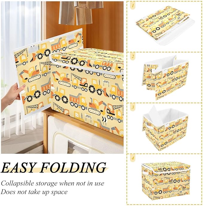 susiyo Large Foldable Storage Bin with Flip-Top Lid Construction Trucks Storage Box Collapsible Closet Organizer Containers Boxes Decorative Baskets with Handles for Home Bedroom Living Room Office