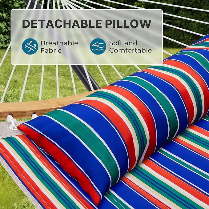 SUPERJARE Curved-Bar Hammock with Stand 2 Person Heavy Duty Hammock Frame Detachable Pillow &amp Portable Carrying Bag Perfect for Outdoor &amp Indoor Retro Blue and Green