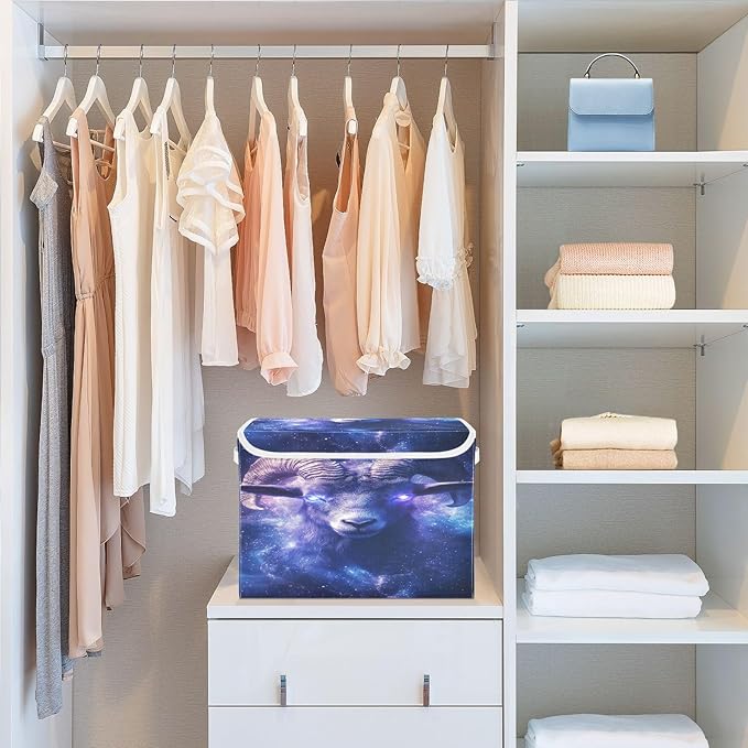Goat with Glowing Eyes Storage Baskets Lidded Bin Foldable Storage Boxes Cubes Lids with 2 Handles for Organizing Closet Home Office