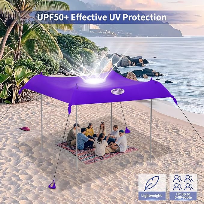 UMARDOO Family Beach Tent Canopy Sun Shade Portable Large Compact Beach Sun Shelter Easy Setup with Packable Bag for Outdoor Travel (Purple 12X12 FT. 4Poles)