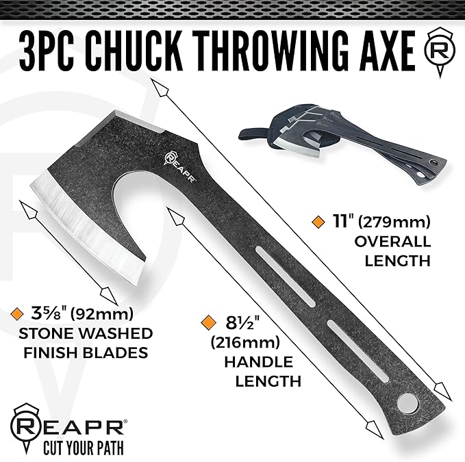 Reapr CHUK 3-Piece Throwing Axe Set – 11 Full-Tang Tactical Tomahawks with Dual-Edge Blades Stonewashed Finish Nylon Sheath with MOLLE – Outdoor Recreation Camping (3 Piece Chuck Throwing Axe)