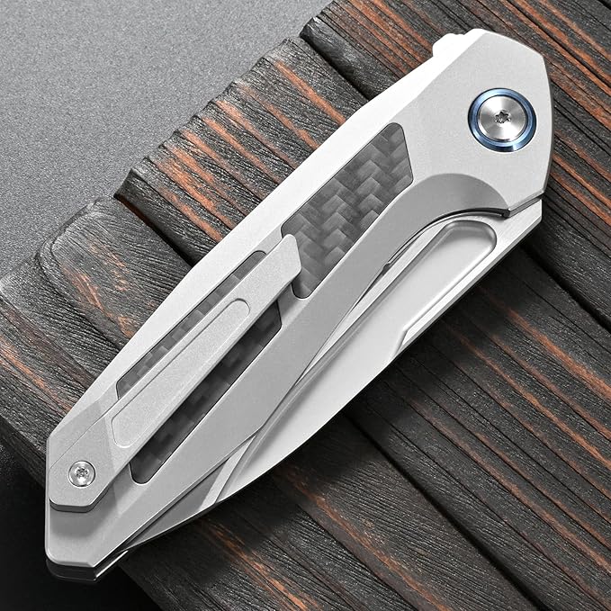 Sitivien ST996 Folding KnifeHandmade M390 Pearlescent Polishing BladeTitanium &amp Carbon Fiber Handle Pocket Knife for Outdoor CampingHikingHunting(Gray)