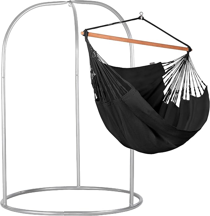 LA SIESTA - XL King Habana Cotton Hammock &amp Romano Steel Stand - Indoor Outdoor Hanging Chair Swing for Bedroom Porch Balcony - Boho Hanging Chair - Onyx