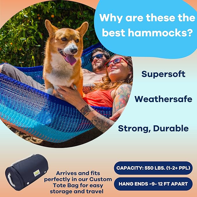 Handwoven Hammock by Yellow Leaf Hammocks - Family Size Fits 2+ PPL 550lb max - Weathersafe Super Strong Easy to Hang Ultra Soft Artisan Made - Color: Blue - Orange