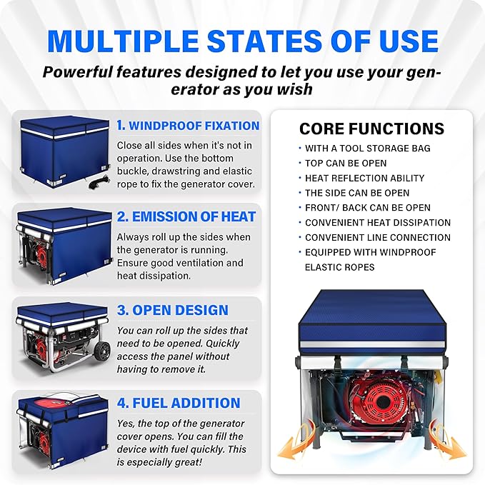 2025 Upgrade 900D+210D Heavy Duty Thicken Fabric. GUYISS Generator Covers While Running. 360° All-round Double-layer Protection. 30’’L×30’’W×27’’H. The Top can be Opened for Adding fuel. Blue.