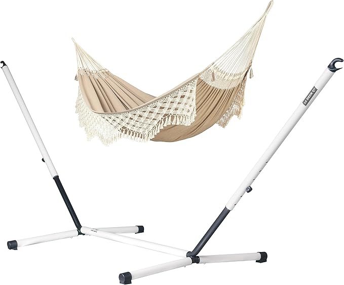LA SIESTA® Bossanova Organic Cotton Hammock &amp Steel Stand - Indoor Outdoor Hammock with Stand - Handmade in Brazil Boho Hammock - 2 Person Double Hammock Bed for Patio Bedroom - XL King Muscade