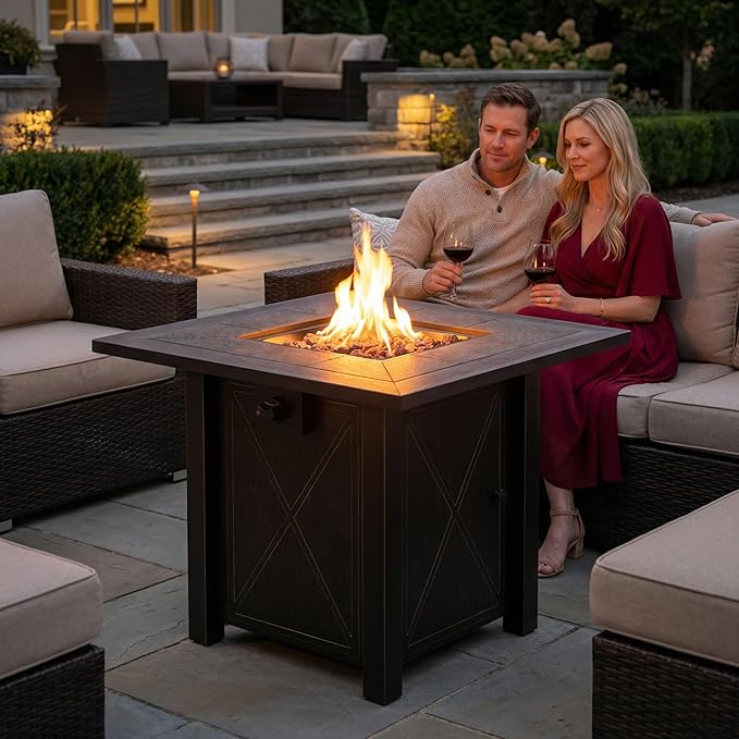 HOTEAGLE 30 Propane Fire Pit with Premium Ceramic Tabletop 50000 BTU Powerful Gas Firepit Table - Includes Lid and Lava Rocks Ideal Outdoor Fire Pit for Dining Party in Patio Garden Yard
