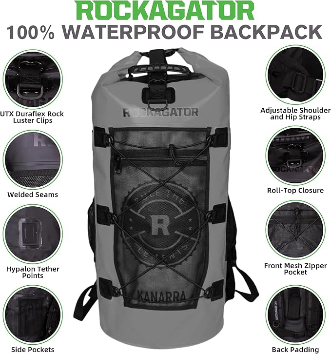 Rockagator Kanarra 90L Waterproof Backpack for Camping Hiking Mountaineering Backpacking Hunting Fishing Canoeing Outdoor Activities The Wet Outdoors - Large Capacity Roll Top Closure Gray