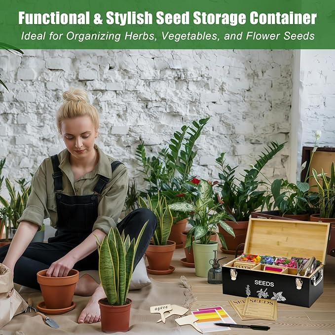 Natural Bamboo Seed Storage Organizer Box – Large Seeds Saver Kit Included Stainless Steel Garden Tools 20 Seed Envelopes 10 Wooden Plant Labels Mark Pen &amp 3 Color Stickers