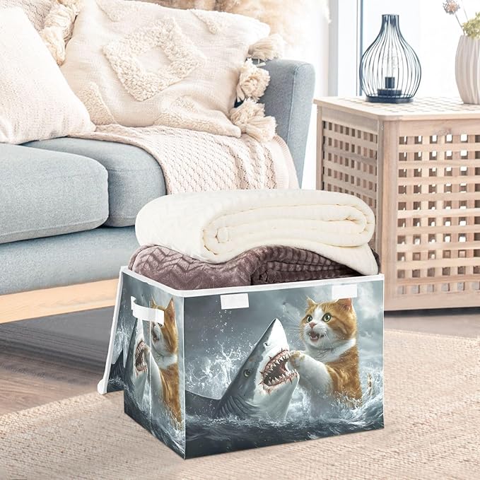 Cat Fight Fish Storage Cube Bins Basket with Lid Collapsible Flip-top Fabric with Handle for Home Bedroom Closet Office 16.5×12.6×11.8 in