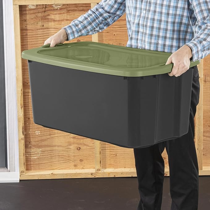 (2 Pack) 30 Gallon Plastic Storage Bin – Full-Grip Handles Easy-Carry Stackable Heavy Duty Organizer for Home Garage Closet &amp Dorm (Gray &amp Green)