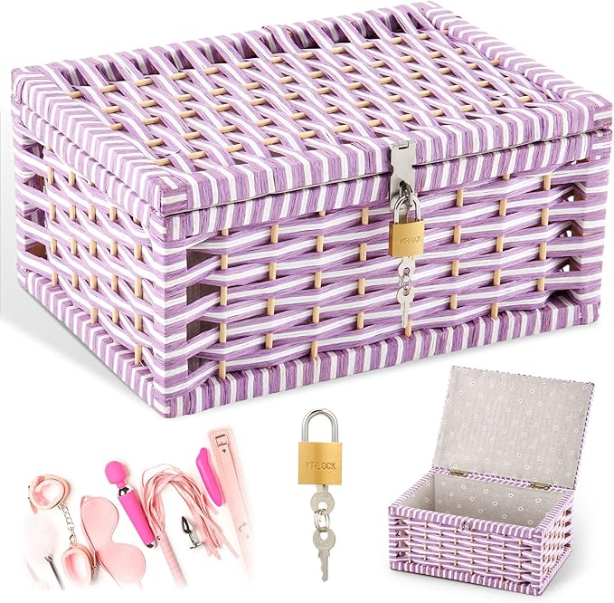 Discreet Lockable Adult Toy bag Storage Organizer Case for Women and Men Adult Wicker Baskets with Lid and Lock 13.8 x 9.8 x 6.3 Inch Box for Toys Valentine's Day Container(Purple)