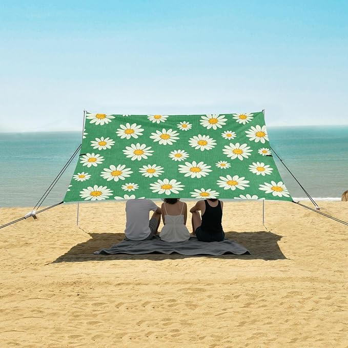 xigua Daisy Beach Tent Sun Shelter with Carrying Bag - Silver Coated Oxford Fabric Beach Canopy for Beach Camping Fishing - Includes Windproof Ropes Sandbags &amp Stakes
