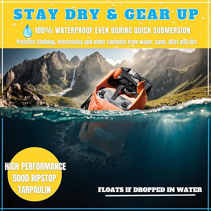 Tactiko 30L 100% Waterproof Backpack &amp 2L Splashproof Tarpaulin Zipper Pouch - Roll Top Dry Bag for Watersports &amp Travel Bag - Protection from Water Mud Sand Outdoor Camping (Orange)