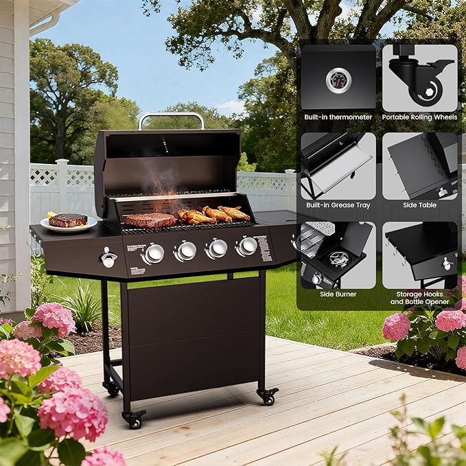 4 Burner Propane Gas Grill Output 50000 BTU Outdoor BBQ Gas Grill with Side Burner Built-in Thermometer &amp Wheels Outdoor Cooking for Patio Backyard BBQ