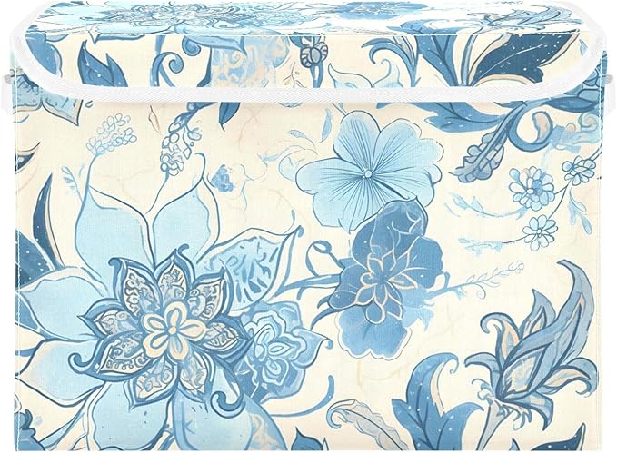 Blue Line Flowers Lidded Storage Bins with Handles - 16.5x12.6x11.8 Foldable Organizing Box Oxford Fabric &amp Honeycomb Board Dust-Proof Flip Lid for Closet/Office