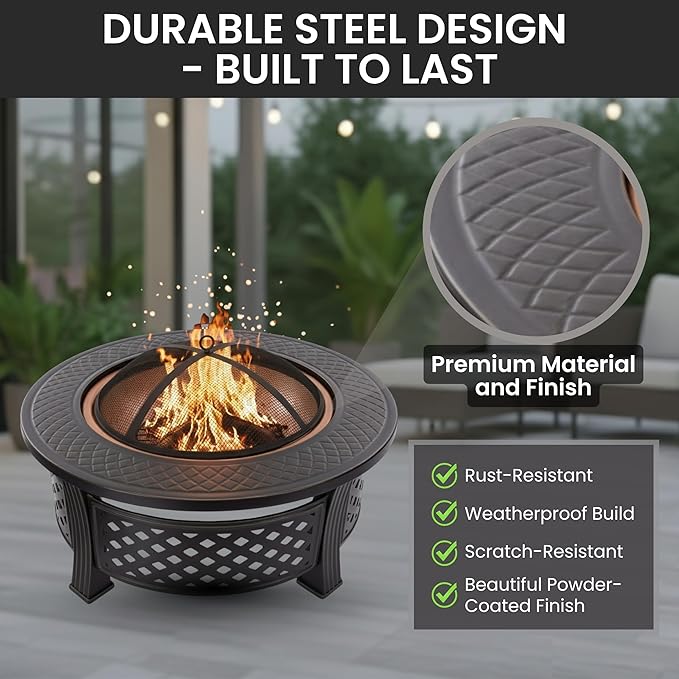 Fire Pit - 32-Inch Outdoor Fireplace with Spark Screen Poker and Cover - Wood-Burning Fire Pit for Yard Patio or Camping by Pure Garden (Bronze)