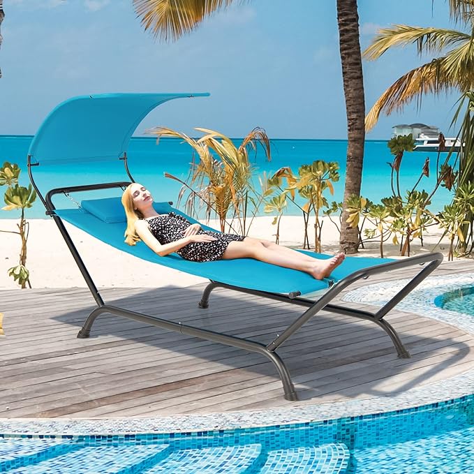 Giantex Hanging Hammock with Stand Patio Hanging Chaise Lounge Chair w/Canopy Cushion Pillow &amp Storage Bag Heavy Duty Swing Hammock Bed for Garden Lawn Backyard Patio Poolside Porch (Blue)