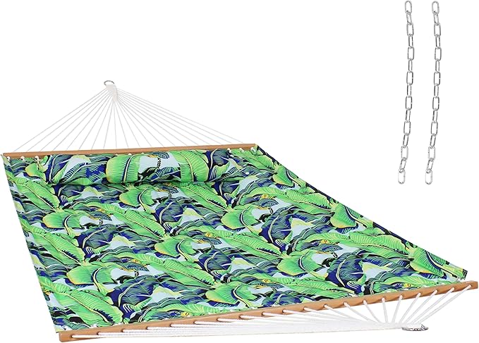 Sunnydaze Quilted Outdoor Hammock with Spreader Bars - Heavy-Duty 450-Pound Capacity Double Hammock for Outside - Exotic Foliage