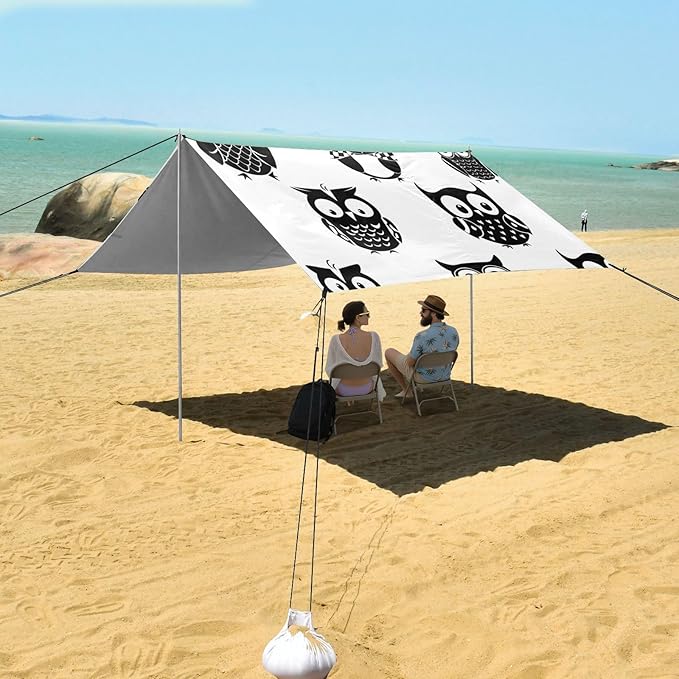 Beach Canopy with Windproof Ropes &amp Sandbags Beach Tent Sun Shade Sun Shelter for Camping Trips Fishing Backyard Fun or Picnics Owl