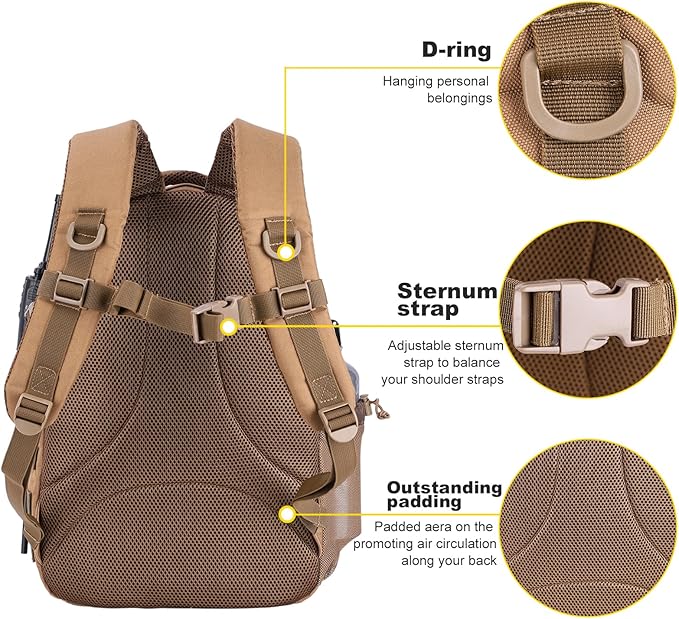Tactical Hiking Backpack with 180° Open Design Molle Webbing Padded Laptop Compartment Lightweight for Outdoor Adventures (tan)