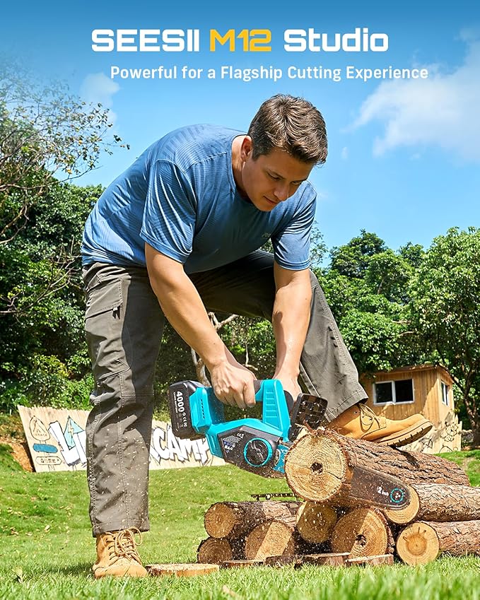 SEESII Electric Chainsaw Cordless 12-inch Handheld Chain Saws with a 4.0Ah Battery Tree Saw with Tool-free Chain Tension Auto Oiling for Wood Cutting Trimming Branch