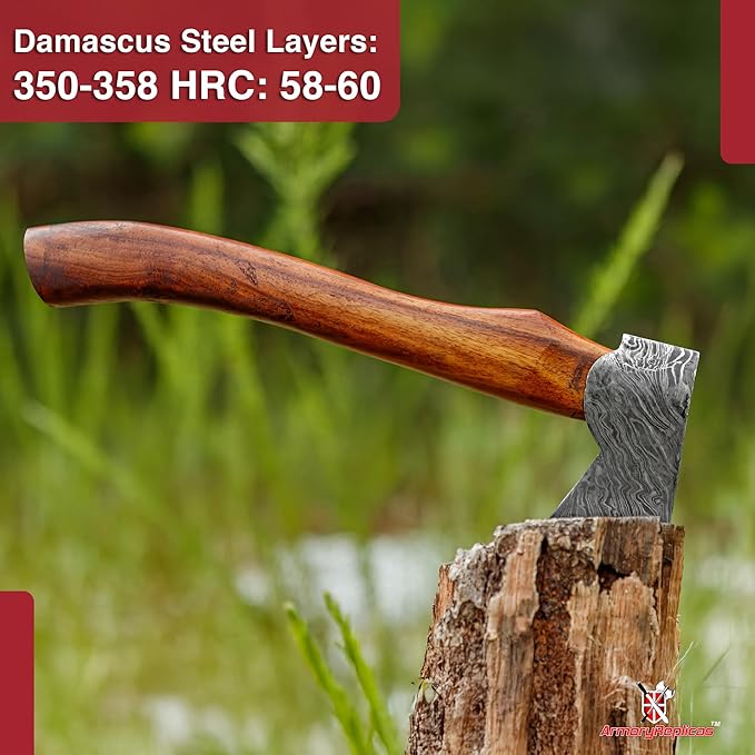 Armory Replicas™ Hand-Forged Damascus Steel Axe with Sheesham Wood Handle &amp Leather Sheath – 11.5 Compact Camping Axe