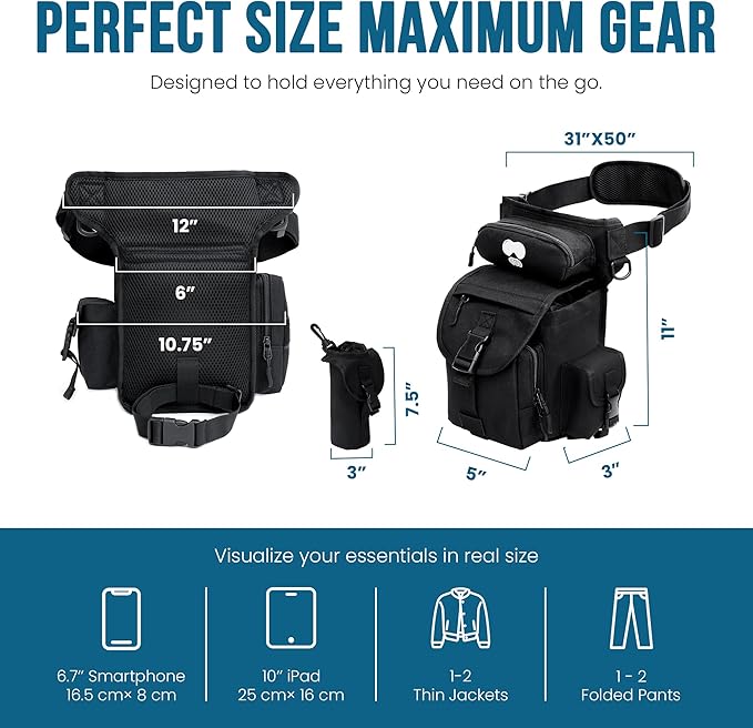 Drop Leg Tactical Bag with Insulated Bottle Pouch - Adjustable Shoulder Strap for Men Women Parents Hiking Biking Travel Photography - Weather-Resistant Outdoor Gear with Multiple Compartments