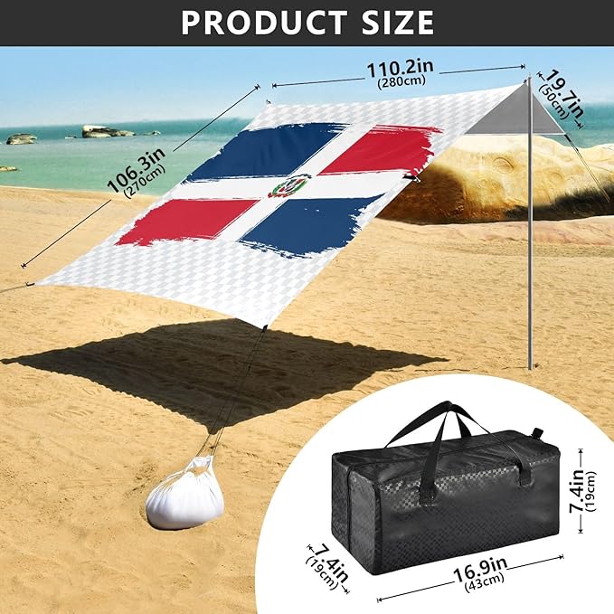 Dominican Republic Flag National Beach Tent UPF50+ Protection Water-Resistant Shade Sun Shelter with Sturdy Poles Sandbags and Shovel for Camping Fishing Backyard Fun