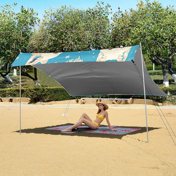 White Wolfs Blue Foldable Beach Canopy UPF50+ Protection Water-Resistant Portable Sun Shelter with Sand Shovel Sandbags for Camping Picnics Backyard &amp Fishing
