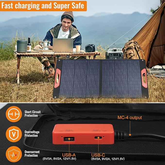 100W Foldable Solar Panel - Charger for Power Stations | Monocrystalline 23.5% High Efficiency QC3.0 USB-A/USB-C Output | IP65 Waterproof | Portable for Camping RV Emergency Blackout