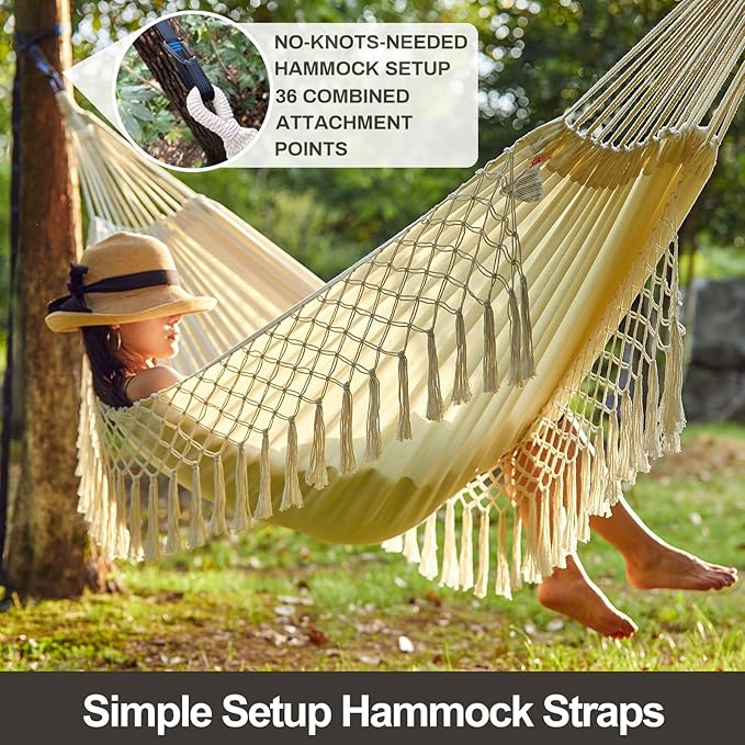 CHULIM Brazilian Double Hammock with Tree StrapsExtra Large 94x63IN2 Persons Hammock for Backyard Patio Outdoor Indoor450lbs Weight CapacitySoft Woven Cotton Fabric - Natrual White with Tassels