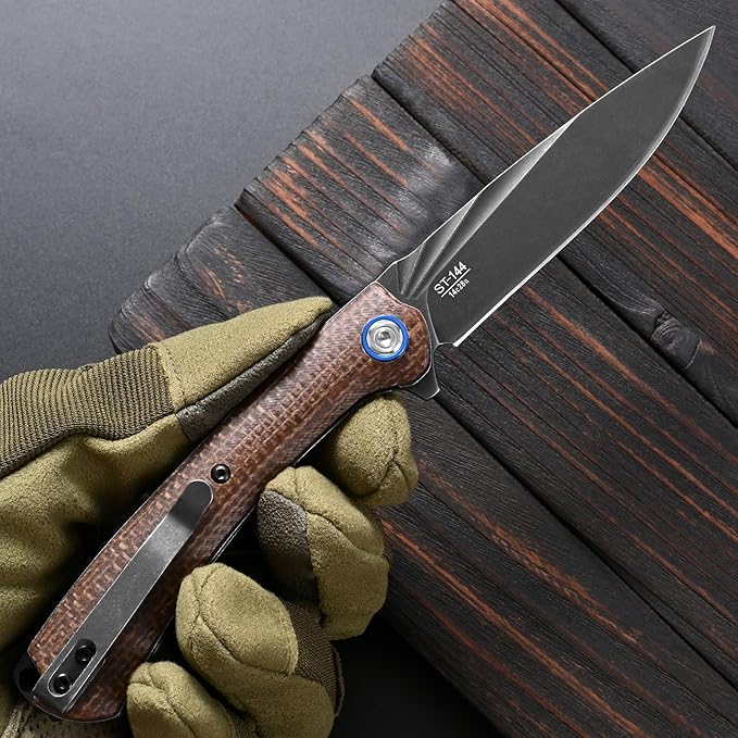 Sitivien ST144 Folding KnifeBlack Stonewashed 14C28N Steel BladeMicarta Handle Pocket Knife for Outdoor EDC CampingSurvivalHikingFishing(Brown)