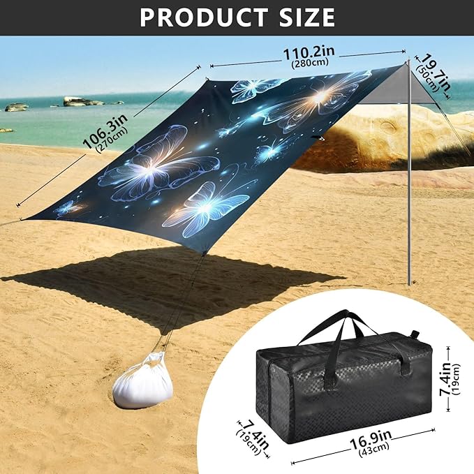 ALAZA Glowing Blue Butterfly Beach Tent Sun Shelter Portable Canopy Sunshade for Outdoor Camping Picnics Backyard Fun 10x9 ft