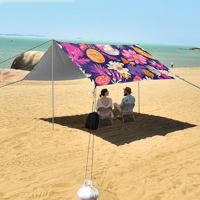 Happy Easter Rabbit Carrots Bowknot Daisy Egg1 Foldable Beach Canopy UPF50+ Waterproof Portable Sun Shelter with Sandbags &amp Sand Shovel for Camping Picnics Backyard &amp Fishing